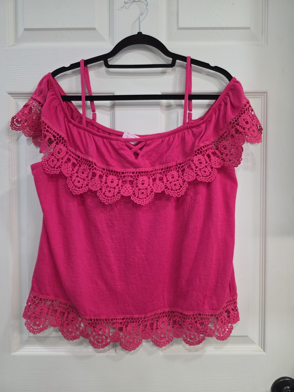 Hot Pink Off-Shoulder Lace Trim Top